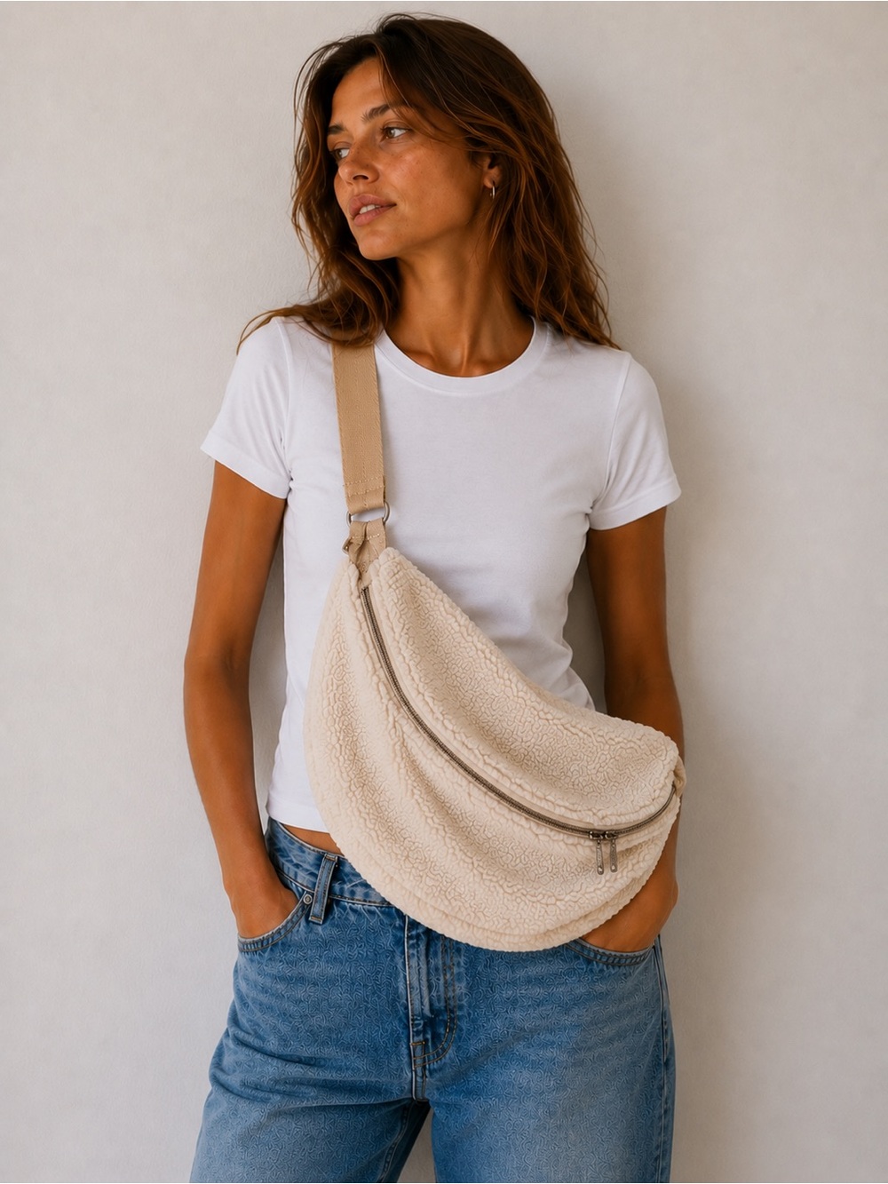 BEIS Cream Sherpa Faux Fur Belt Bag Crossbody Sling Travel Minimalist Cozy